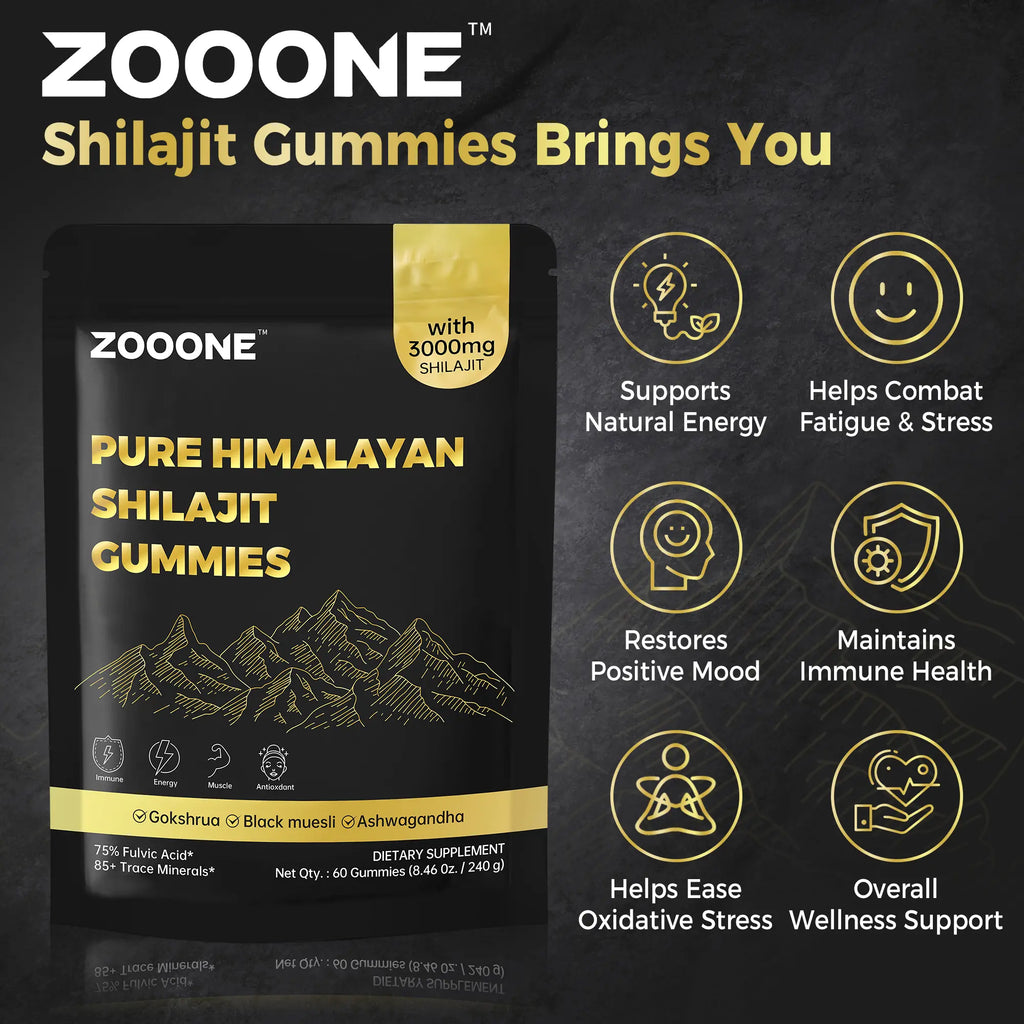 ZOOONE 60 Gummies Pure Himalayan Shilajit Gummies Gold I Lab Tested I No Added Sugar I Ashwagandha, Gokshura| Fulvic Acid & 85+ Trace Minerals I for Men, Women I Non-Gmo I 100% Natural & Organic I