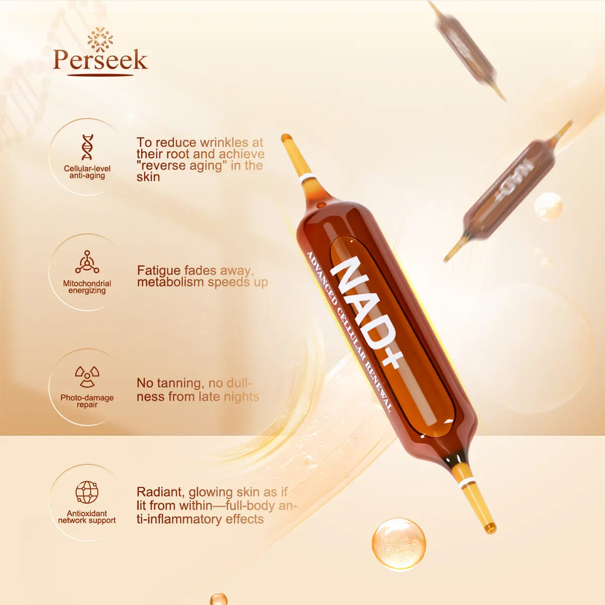 Perseek NAD Edible Antioxidant Dietary Supplement for Anti-Aging - 1200Mg Advanced Cellular Renewal, Enhances Skin, Energy & Focus - 10 Vials, Supports Health & Wellness