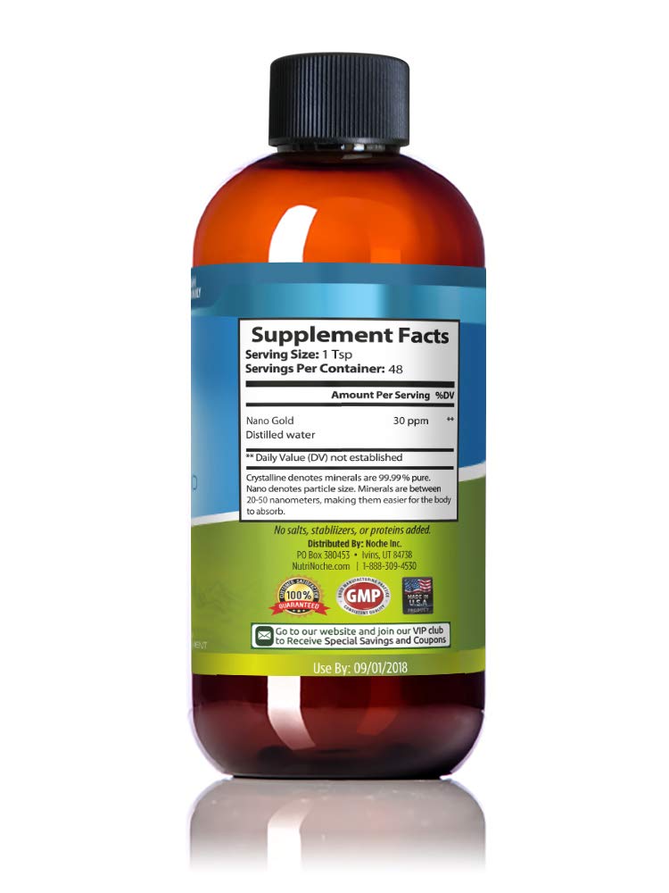Colloidal Gold Liquid Organic Supplement by Nutrinoche - 100% Pure Nano Gold Mineral - Supports Mental Clarity, Focus & Relaxation - 8 oz Bottle - Vegan, Gluten-Free - Crystalline - 30 ppm