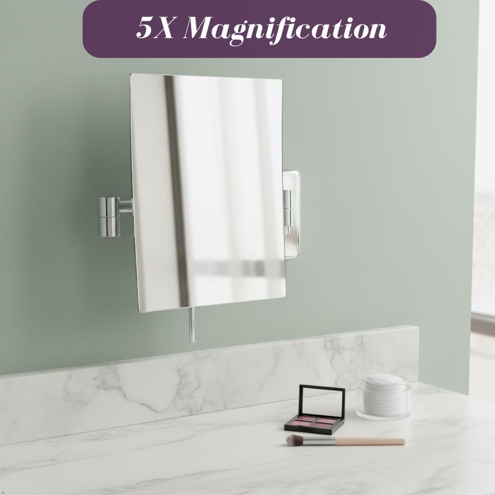 JERDON Wall Mount Makeup Mirror with 5X Magnification - 8.75” x 6.5” Rectangular Mirror Extends 14” – Chrome Finish – Model JRT695C