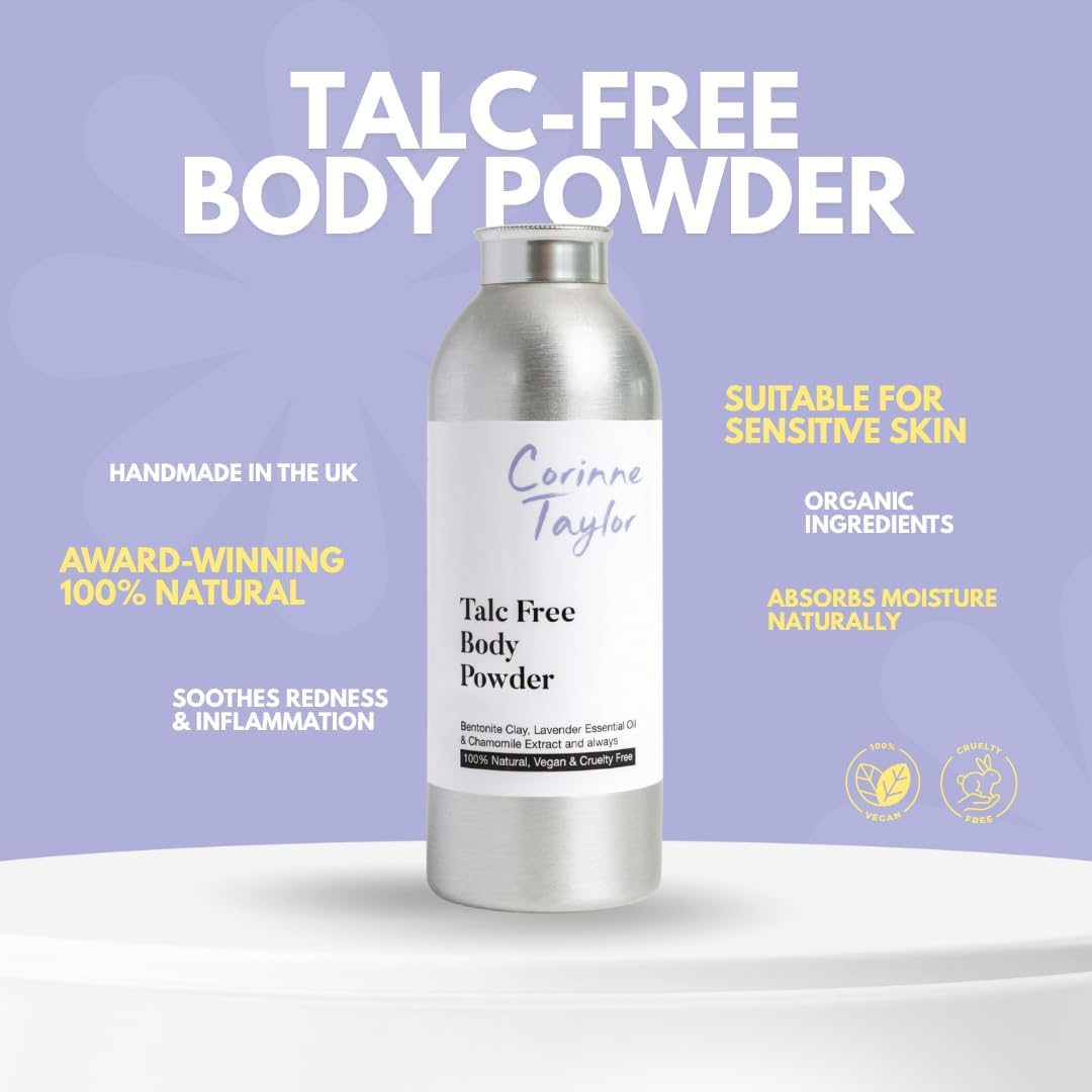 Corinne Taylor Organic Talc-Free Body Powder with Lavender & Chamomile – Natural Dusting Powder for Anti-Sweat, Anti-Chafing & Sensitive Skin – Gentle Absorbent Powder 85g