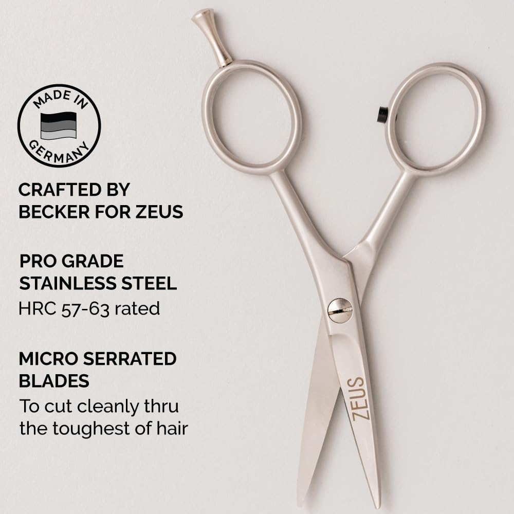 ZEUS Stainless Steel Beard Trimming Scissors for Men with Leather Case