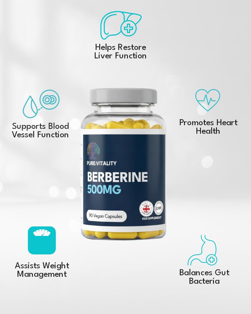 Pure Vitality Berberine HCL 500mg – 90 Vegan Capsules – 98% Purity – High Strength Formula – UK GMP Certified Manufacturer