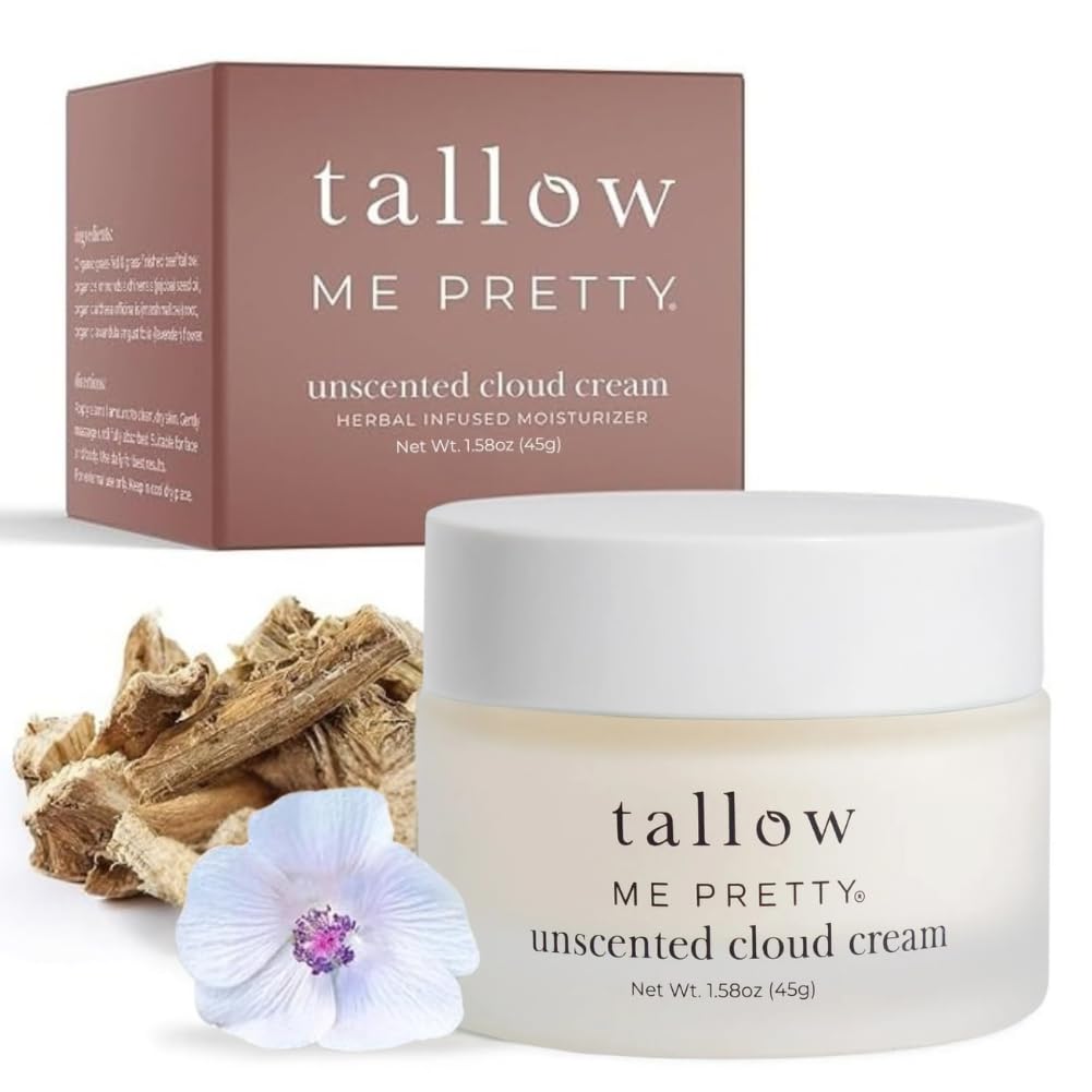 Unscented Cloud Cream, Nourishing Beef Tallow Moisturizer Infused with Lavender and Marshmallow Herbs for Deep Hydration, Soothing Relief, No Essential Oils, Gentle for Sensitive Skin, 1.58 oz