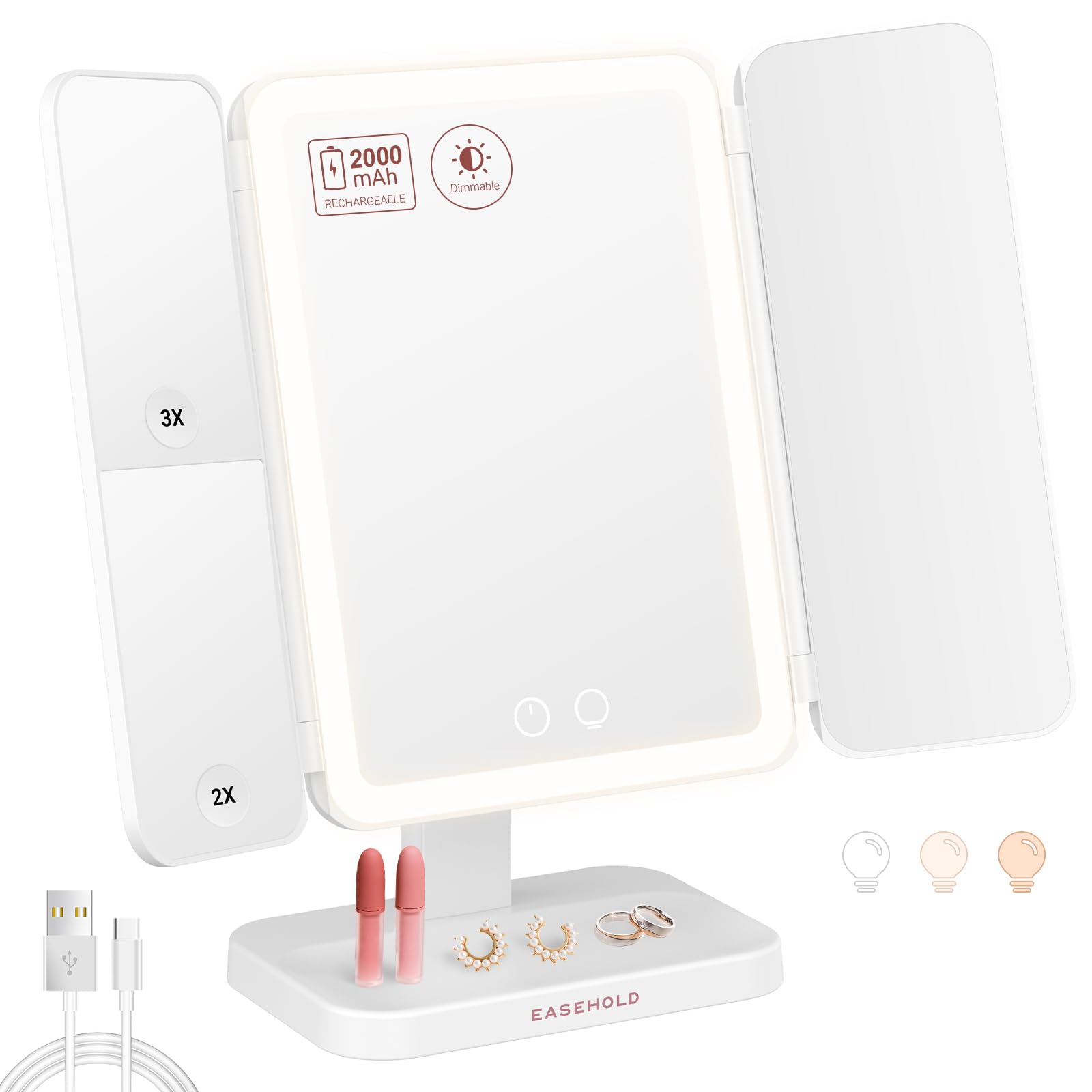 EASEHOLD Rechargeable Lighted Makeup Mirror with 64 Eye-Caring LEDs, 3 Color Lighting Modes & Touch Sensor, Trifold Vanity Mirror for Travel, Desk, Dorm Room Essentials for Girls, Gifts for Women