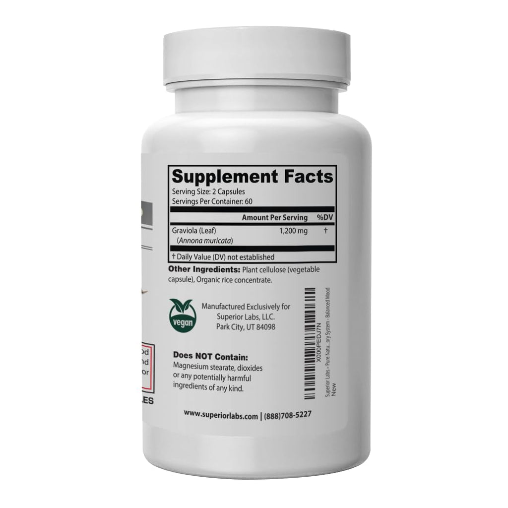 Superior Labs Graviola 1200mg, Pure Natural Non-GMO Herbal Antioxidant, Immune & Respiratory Support, Promotes Healthy Skin, Cell Growth & Balanced Mood, High-Potency Extract, 120 Veg Capsules