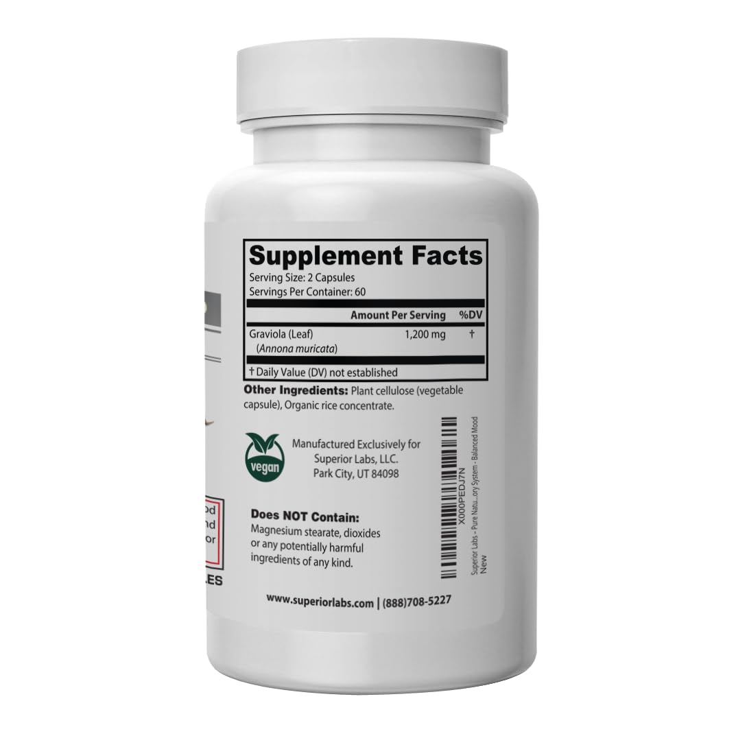 Superior Labs Graviola 1200mg, Pure Natural Non-GMO Herbal Antioxidant, Immune & Respiratory Support, Promotes Healthy Skin, Cell Growth & Balanced Mood, High-Potency Extract, 120 Veg Capsules