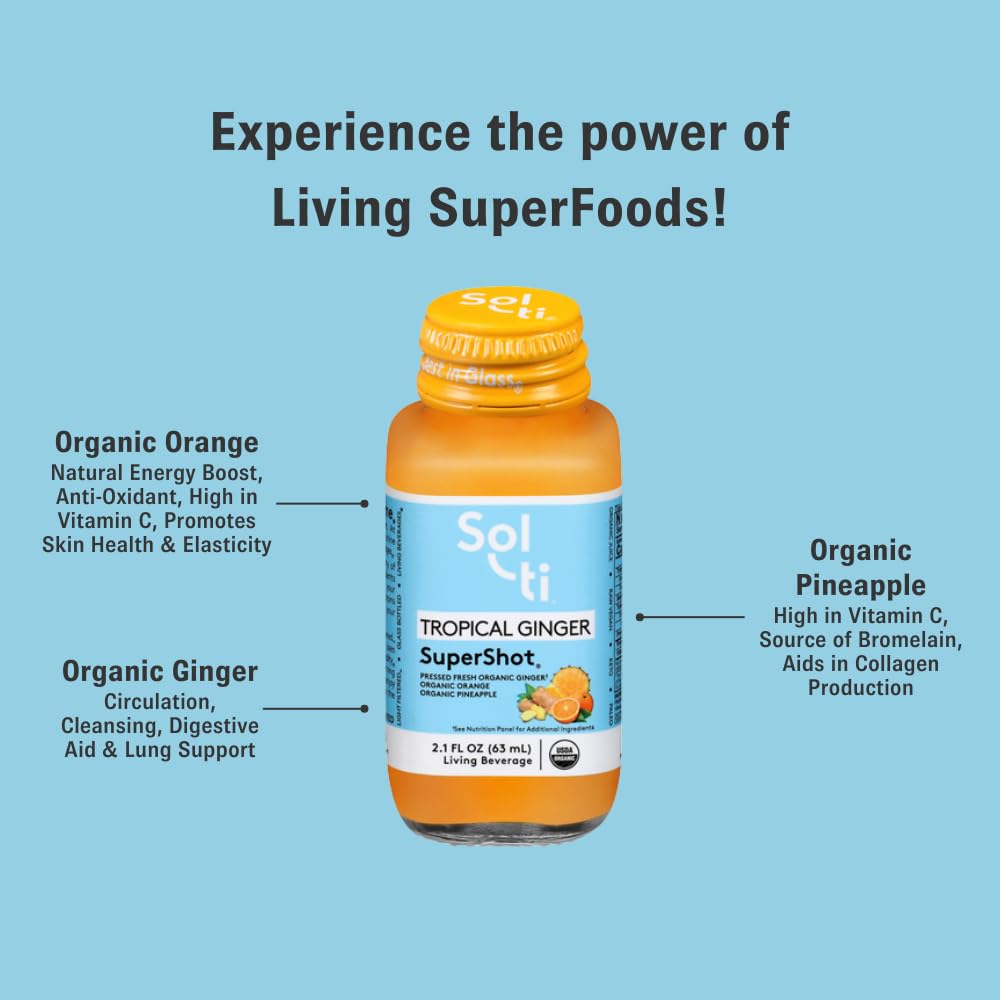 Sol-ti Organic Tropical Ginger SuperShot Drink, Aids in Collagen Production and Promotes Skin Elasticity, SuperFood, Cold-Pressed Fruit Juice Blend, 12 Pack (2.1 Fl oz)