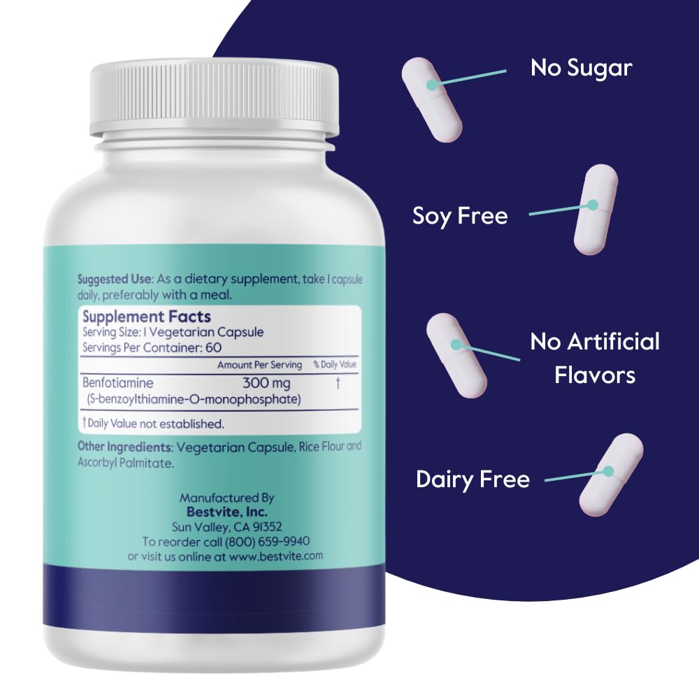 BESTVITE Benfotiamine 300mg (180 Vegetarian Capsules) (60x3) No Stearates - No Silicon Dioxide - Vegan - Non GMO - Gluten Free
