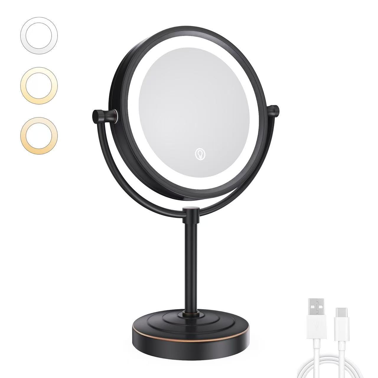 GURUN 8.5 Inch Rechargeable Tabletop LED Lighted Makeup Mirror with 10x Magnification 4500mAh Battery Double Sided Vanity Mirror Oil-Rubbed Bronze for Women Mom (8.5in,10x)