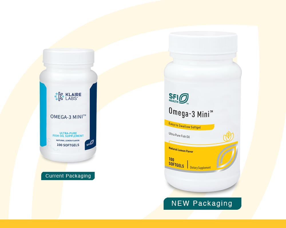 Klaire Labs SFI Health Omega-3 Mini - Ultra Pure, Easy to Swallow Fish Oil Gels for Kids & Adults 150 Milligrams EPA / 100 Milligrams DHA Omega 3 Fatty Acids, Lemon Flavor (100 Softgels)
