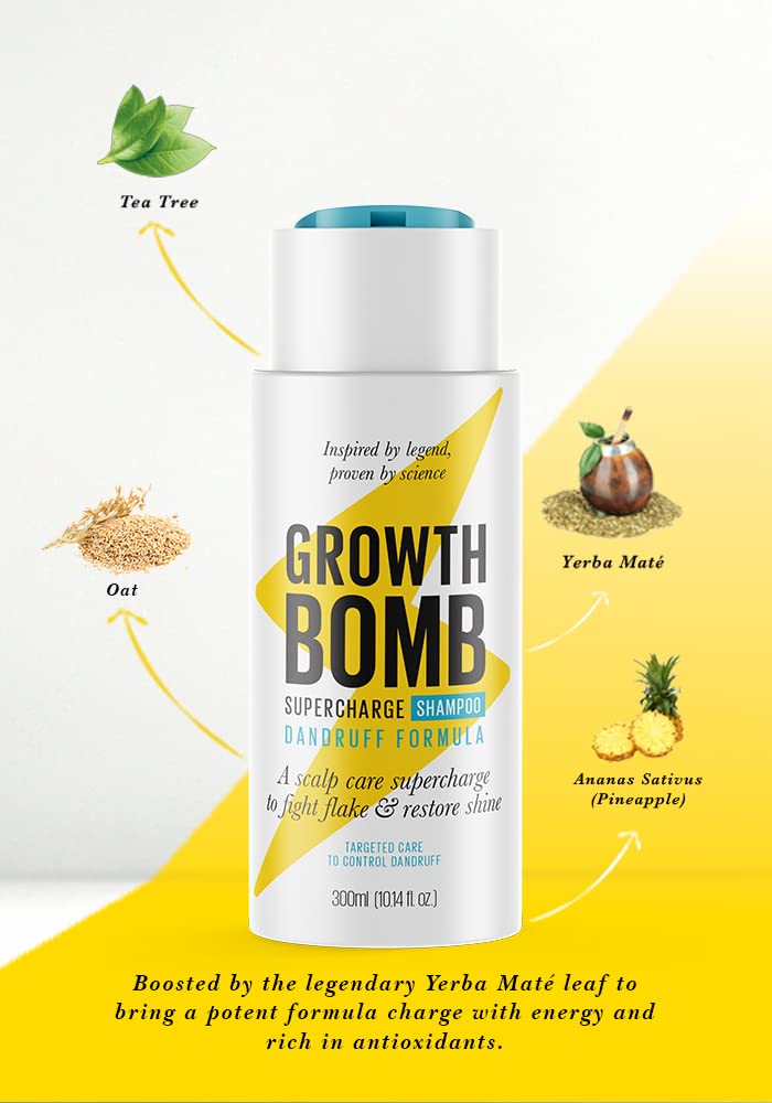 Growth Bomb Supercharge Dandruff Shampoo 300ml - NOURISH hair & CALM sensitive scalps. Yerba Maté. Tea Tree. Natural Ingredients.