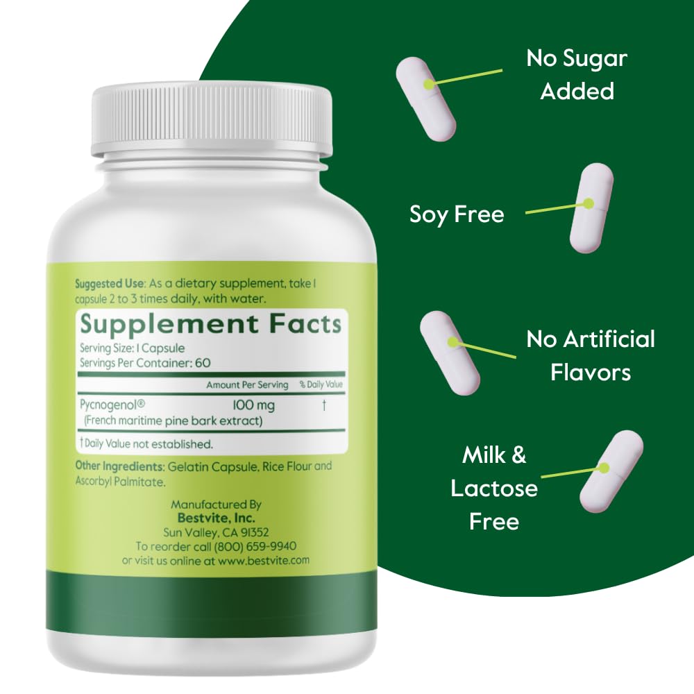 BESTVITE Pycnogenol 100mg (120 Capsules) (60x2) - French Maritime Pine Bark Extract - No Stearates - Gluten Free - Non GMO - Easy-to-Swallow Capsules