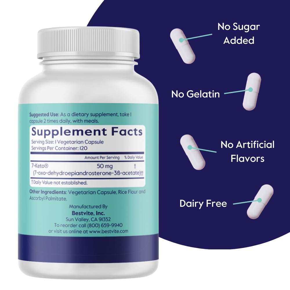 BESTVITE 7-Keto 50 mg DHEA (120 Vegetarian Capsules) - No Stearates - Vegan - Non GMO - Gluten Free - Supports Energy Metabolism* - Easy to Swallow Capsules