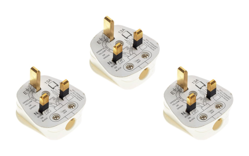 PLUSHA UK 3 Pin Plug, Fused Plug, Rewireable 3 Pin Plug UK with Cord Grip Heavy Duty 13 Amp White Electrical Main Plugs for Home, Office, Appliances Pack of 3