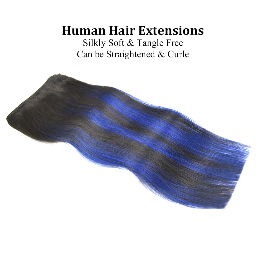 20" Clip in Hair Extensions Remy Human Hair Blue Balayage for Women - Silky Straight 100% Real Human Hair 75rams 4pieces #(1B/Blue) T1B Color