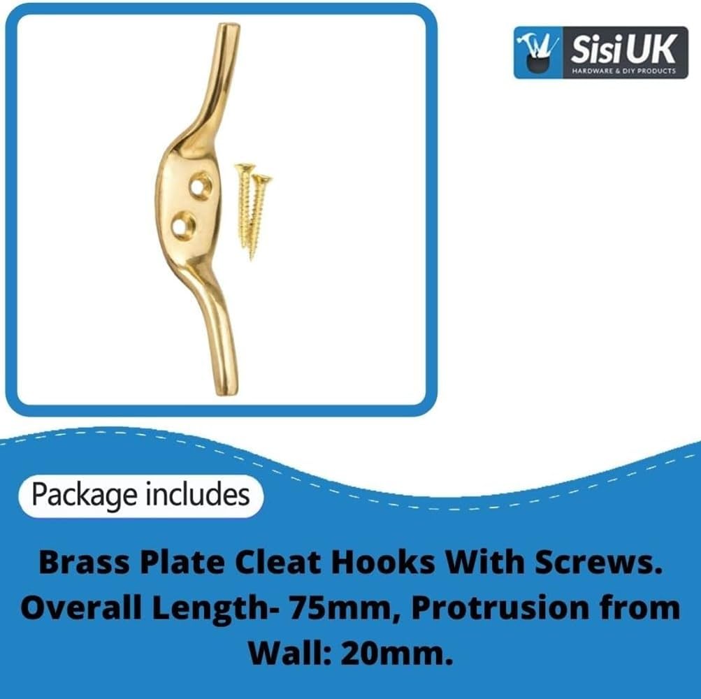 SISI UK Solid Brass 3-Inch Cleat Hook 2 Pieces Blind Cleat Hook Curtain Cleat Hooks Blind Cord Hook Boat Rope Washing Line Cord Cleat Hooks Heavy Duty Metal Trailer Rope Tiebacks.