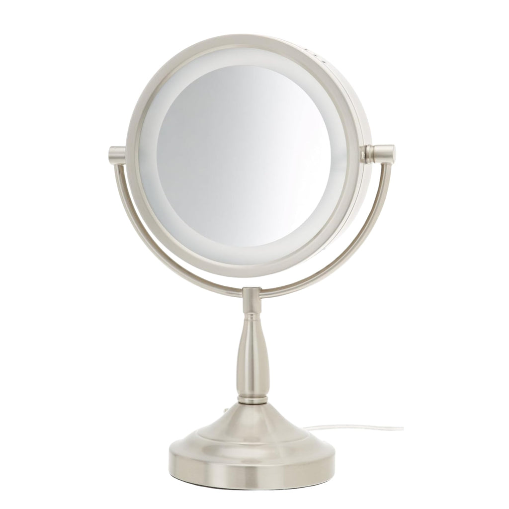 JERDON LED Lighted Tabletop Vanity Makeup Mirror – 8.5” Diameter with 7X-1X Magnification – Nickel Finish – Power Cord and Plug – Model LT856N