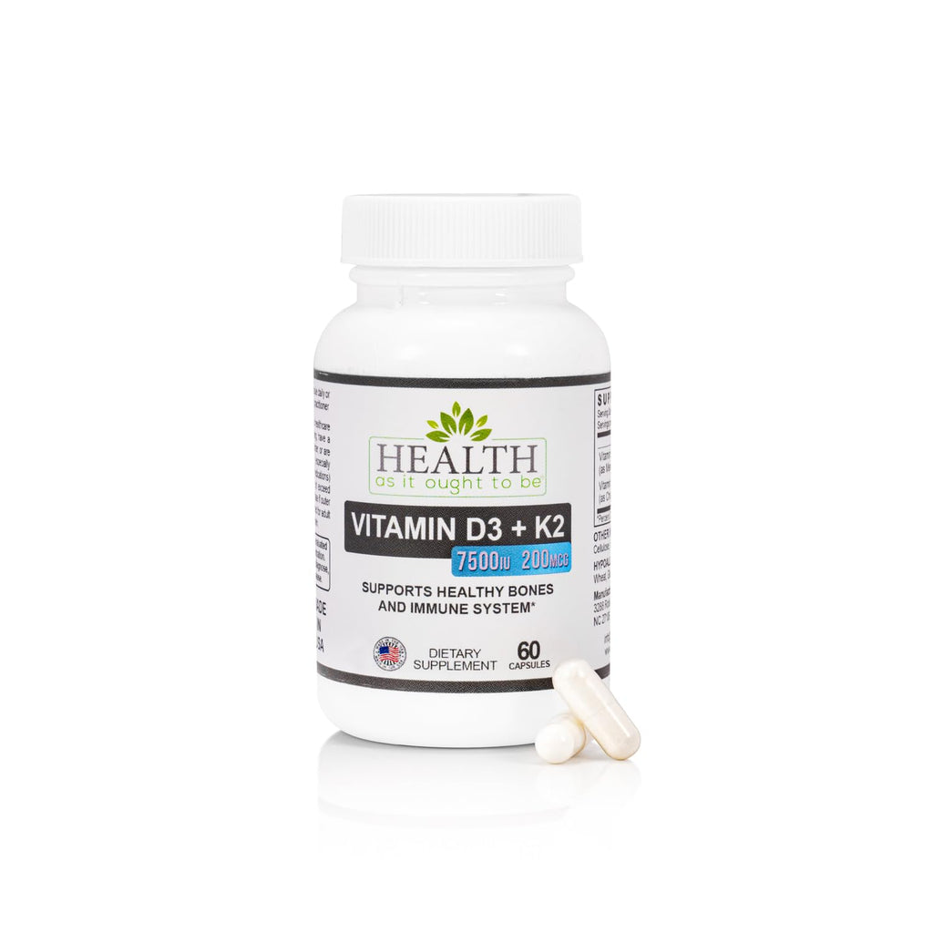 HAIOTB D3+K2: Vitamin D3 7500 IU (188mcg) + K2 200 mcg- 60 Capsules