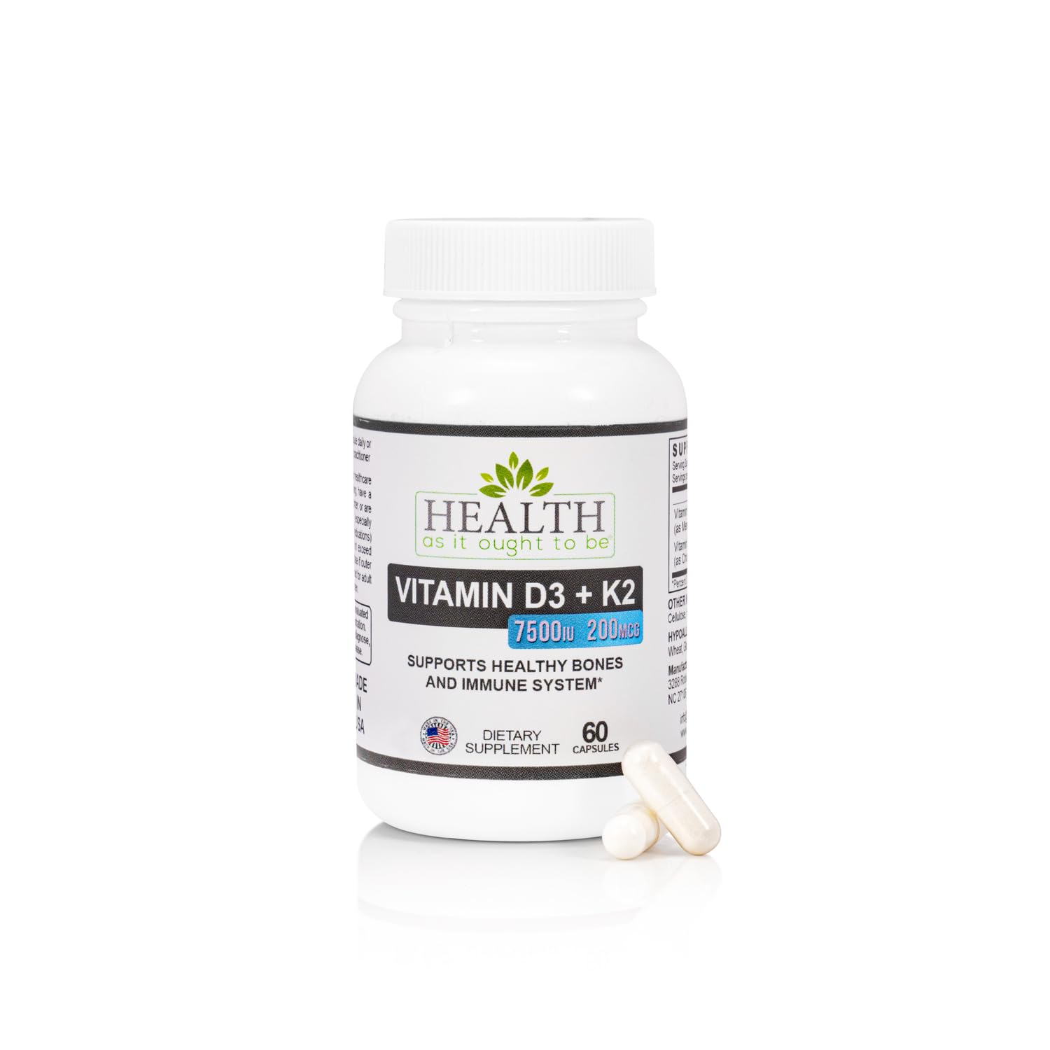HAIOTB D3+K2: Vitamin D3 7500 IU (188mcg) + K2 200 mcg- 60 Capsules
