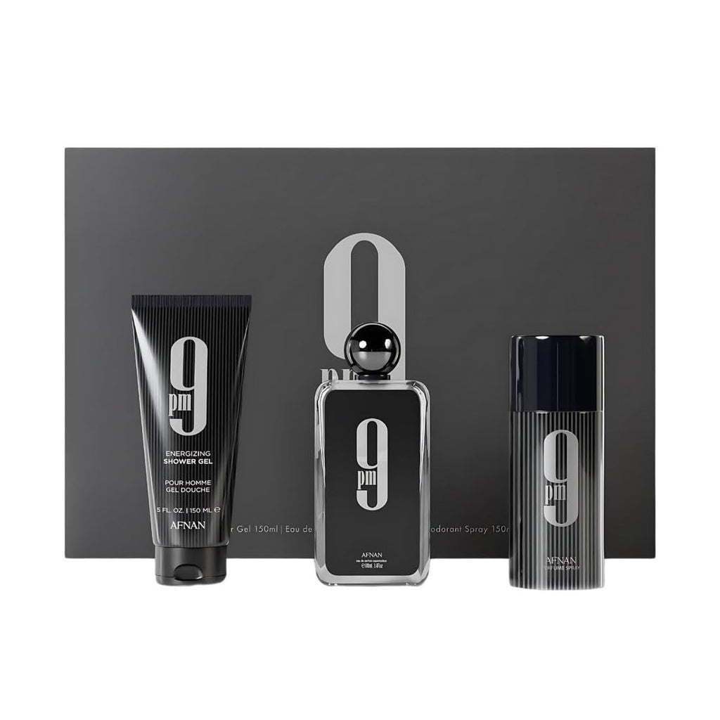 Afnan 9 Pm 3 Piece Set for Men, (3.4 Oz De Parfum Eau De Parfum Spray + 5.0 Oz Shower Gel + 5.0 Oz Perfume Deodorant)