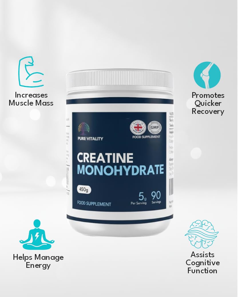 Pure Vitality | Creatine Monohydrate Powder - 450g - Easy Dissolve Creatine Powder, Unflavoured & Micronised | Vegan Creatine for Women and Men | Made in THE UK | Scoop Included