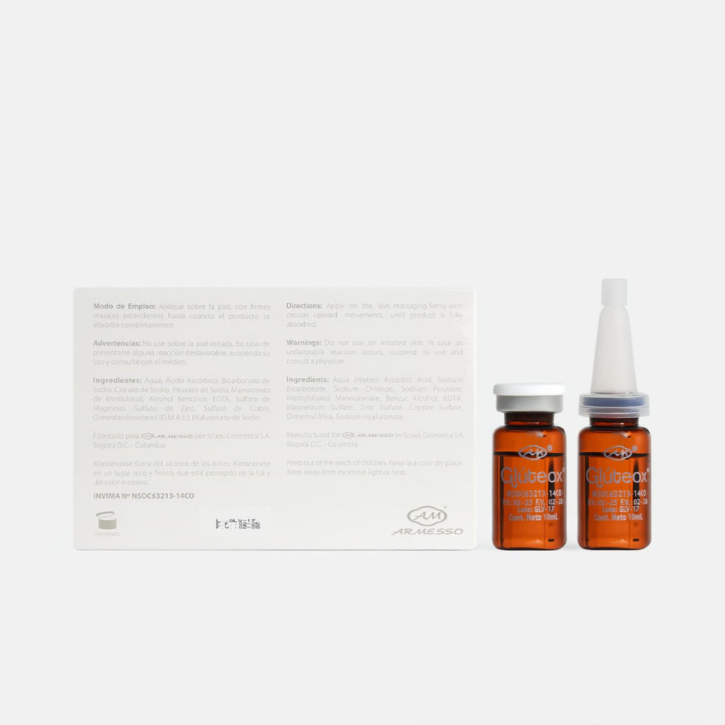 AM Armesso | Gluteox – Buttocks Firming & Lifting Serum | With DMAE, Organic Silica, Hyaluronic Acid & Antioxidants | For Professional Cosmetic Use Only | 5x10mL Vials