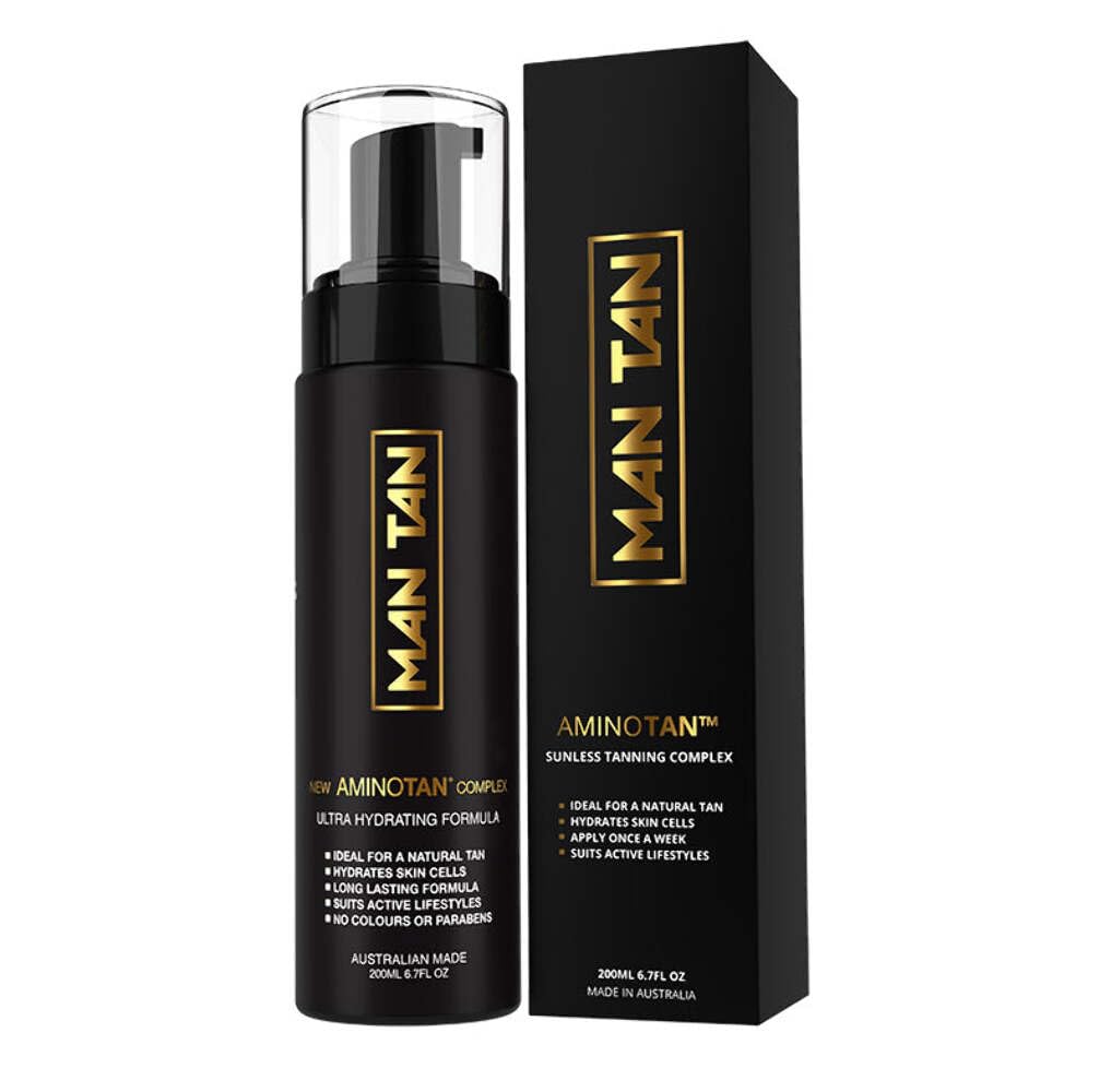 MAN TAN Sunless Tanner Starter Pack For Men | AMINOTAN - The Best Clear Self Tan Mousse For Men Works With Hair + Sweat Proof (Mitt & Bottle) - 6.7fl
