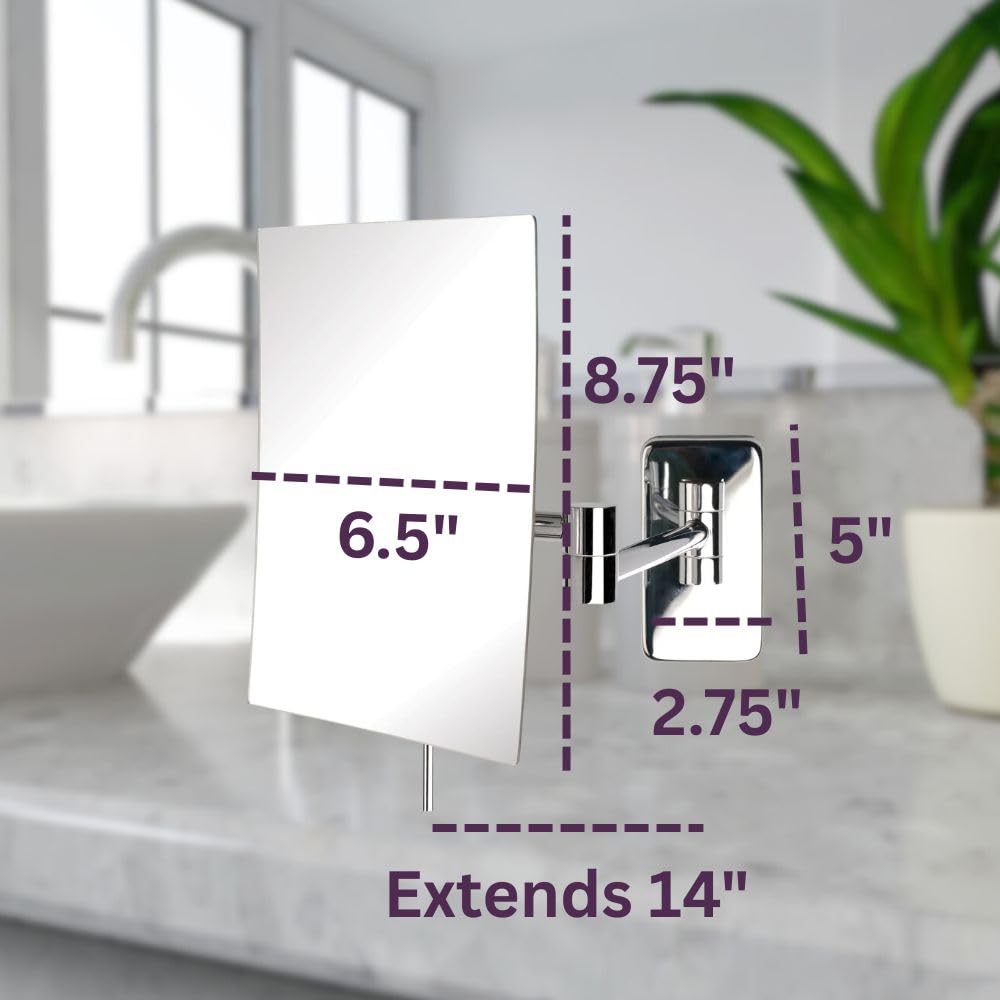 JERDON Wall Mount Makeup Mirror with 5X Magnification - 8.75” x 6.5” Rectangular Mirror Extends 14” – Chrome Finish – Model JRT695C