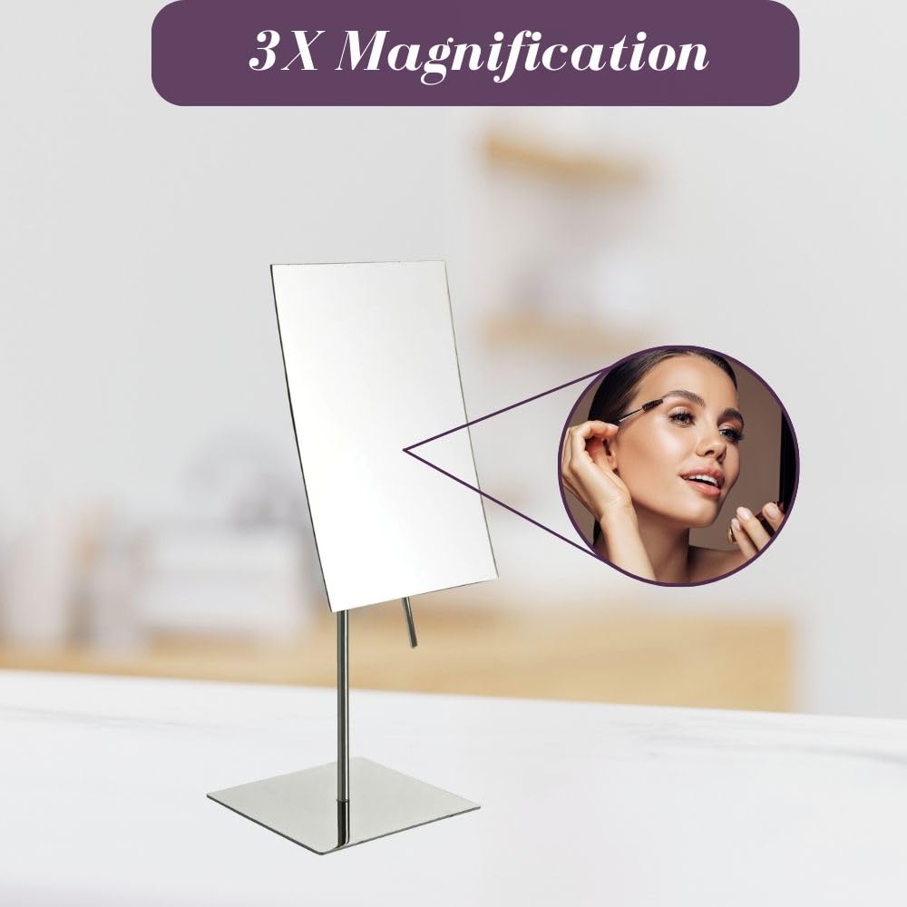 JERDON Rectangular Tabletop Makeup Mirror - 3X Magnification with Nickel Finish - 5-inch by 8-inch Vanity Mirror – Pivot Adjustment - Model JP358N