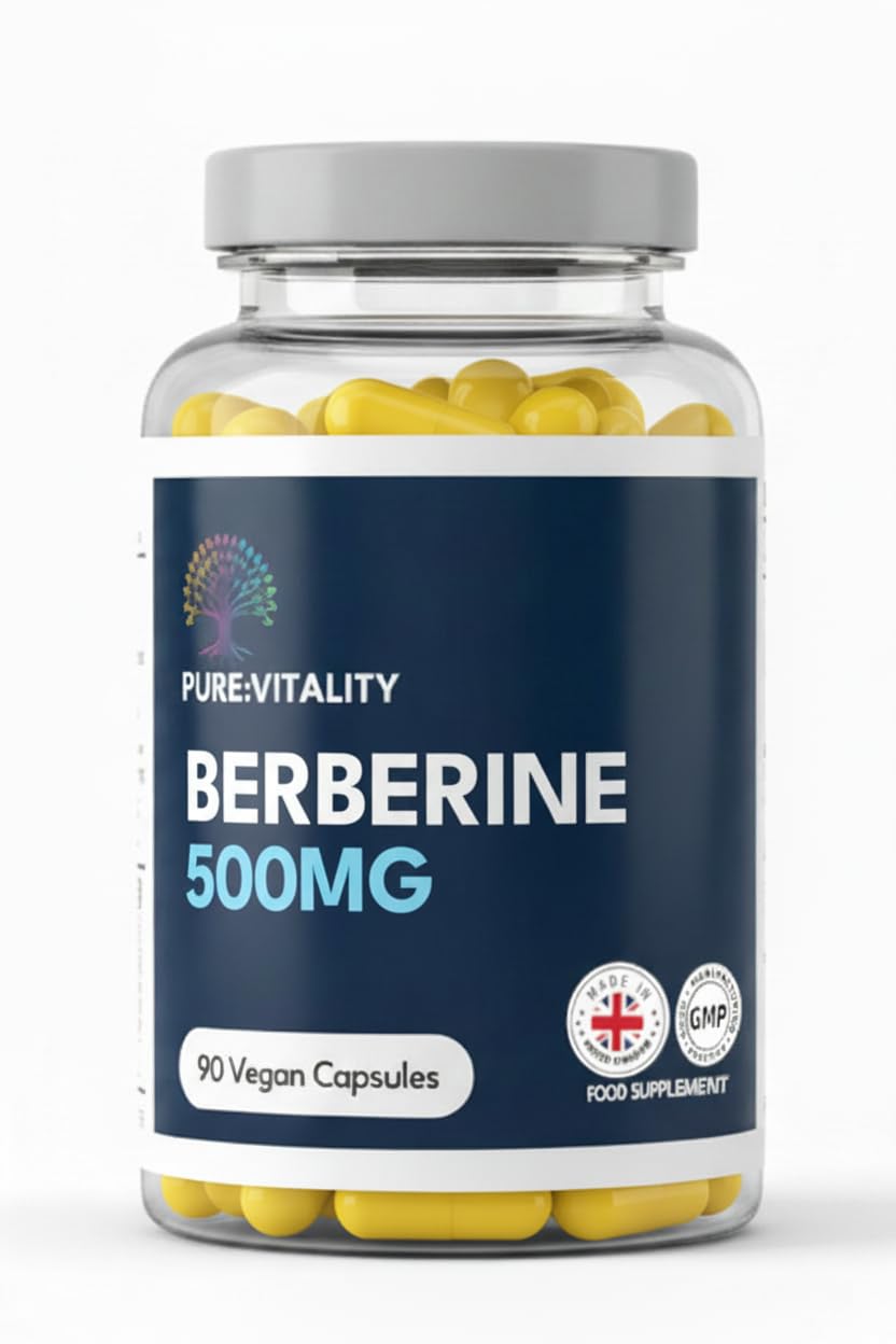 Pure Vitality Berberine HCL 500mg – 90 Vegan Capsules – 98% Purity – High Strength Formula – UK GMP Certified Manufacturer