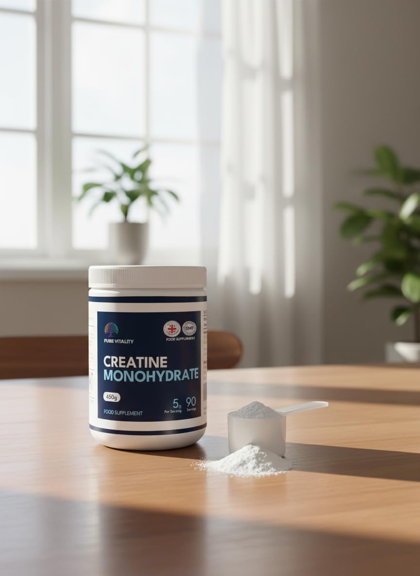 Pure Vitality | Creatine Monohydrate Powder - 450g - Easy Dissolve Creatine Powder, Unflavoured & Micronised | Vegan Creatine for Women and Men | Made in THE UK | Scoop Included