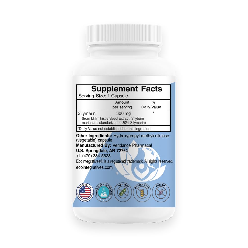 EcoIntegratives Silymarin 300 – Standardized Milk Thistle Extract with Silybin 300 mg – Liver and Kidney Health, Liver Detox and Cleanse, Antioxidants – Vegan - 180 Vegetable Capsules