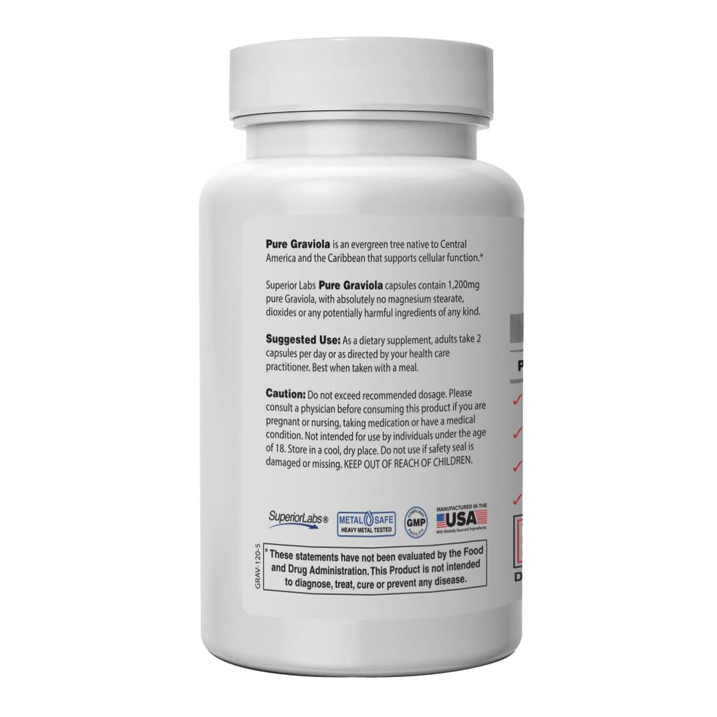 Superior Labs Graviola 1200mg, Pure Natural Non-GMO Herbal Antioxidant, Immune & Respiratory Support, Promotes Healthy Skin, Cell Growth & Balanced Mood, High-Potency Extract, 120 Veg Capsules