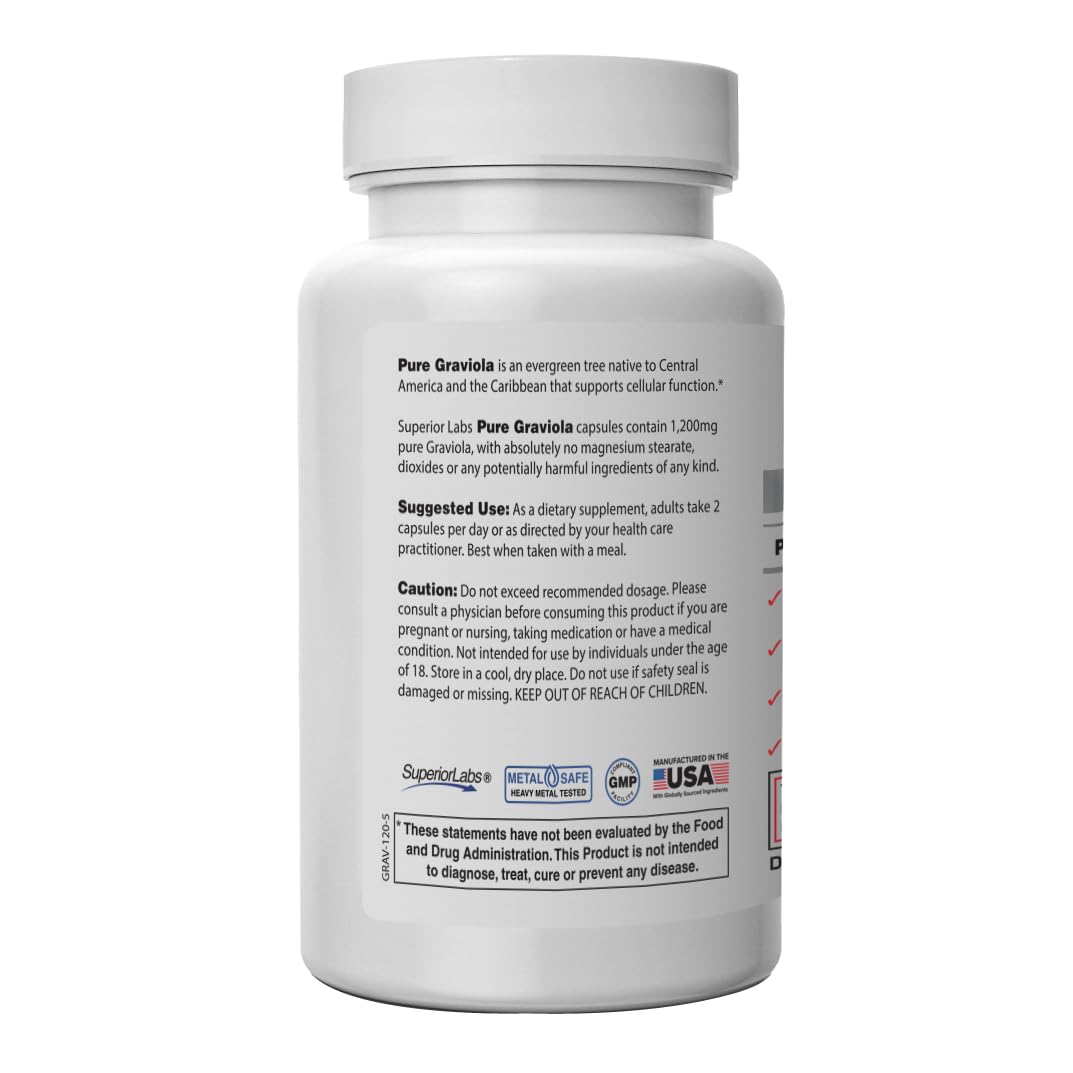 Superior Labs Graviola 1200mg, Pure Natural Non-GMO Herbal Antioxidant, Immune & Respiratory Support, Promotes Healthy Skin, Cell Growth & Balanced Mood, High-Potency Extract, 120 Veg Capsules