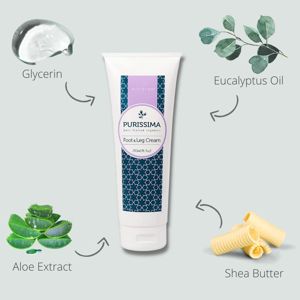 Bodipure Purissima Organic Foot and Leg Cream - Made with Natural Ingredients - Rejuvenating Treatment for Dry, Cracked, and Callused Feet - Refreshing, and Stimulating - Made in Italy, 8.5 Ounce