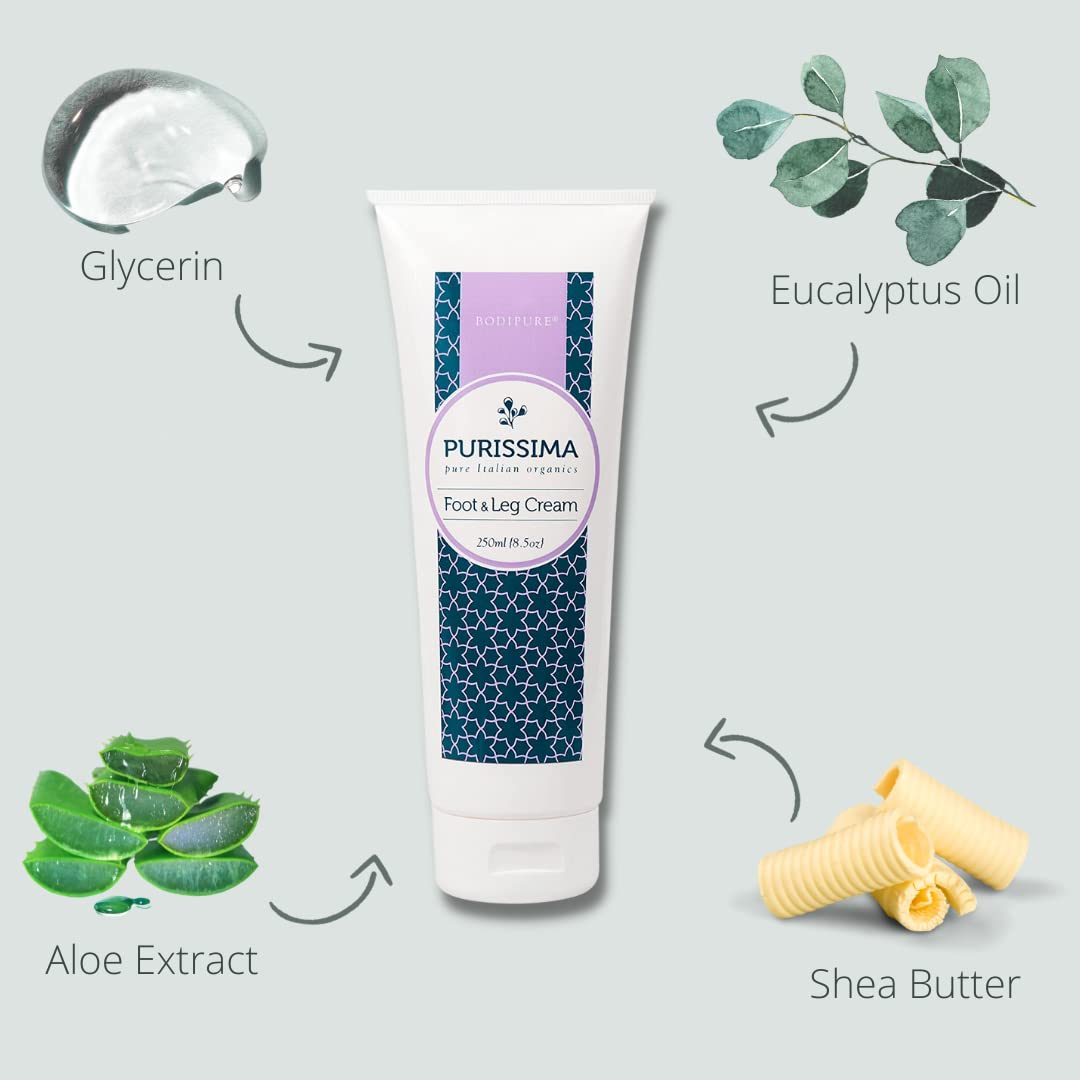 Bodipure Purissima Organic Foot and Leg Cream - Made with Natural Ingredients - Rejuvenating Treatment for Dry, Cracked, and Callused Feet - Refreshing, and Stimulating - Made in Italy, 8.5 Ounce