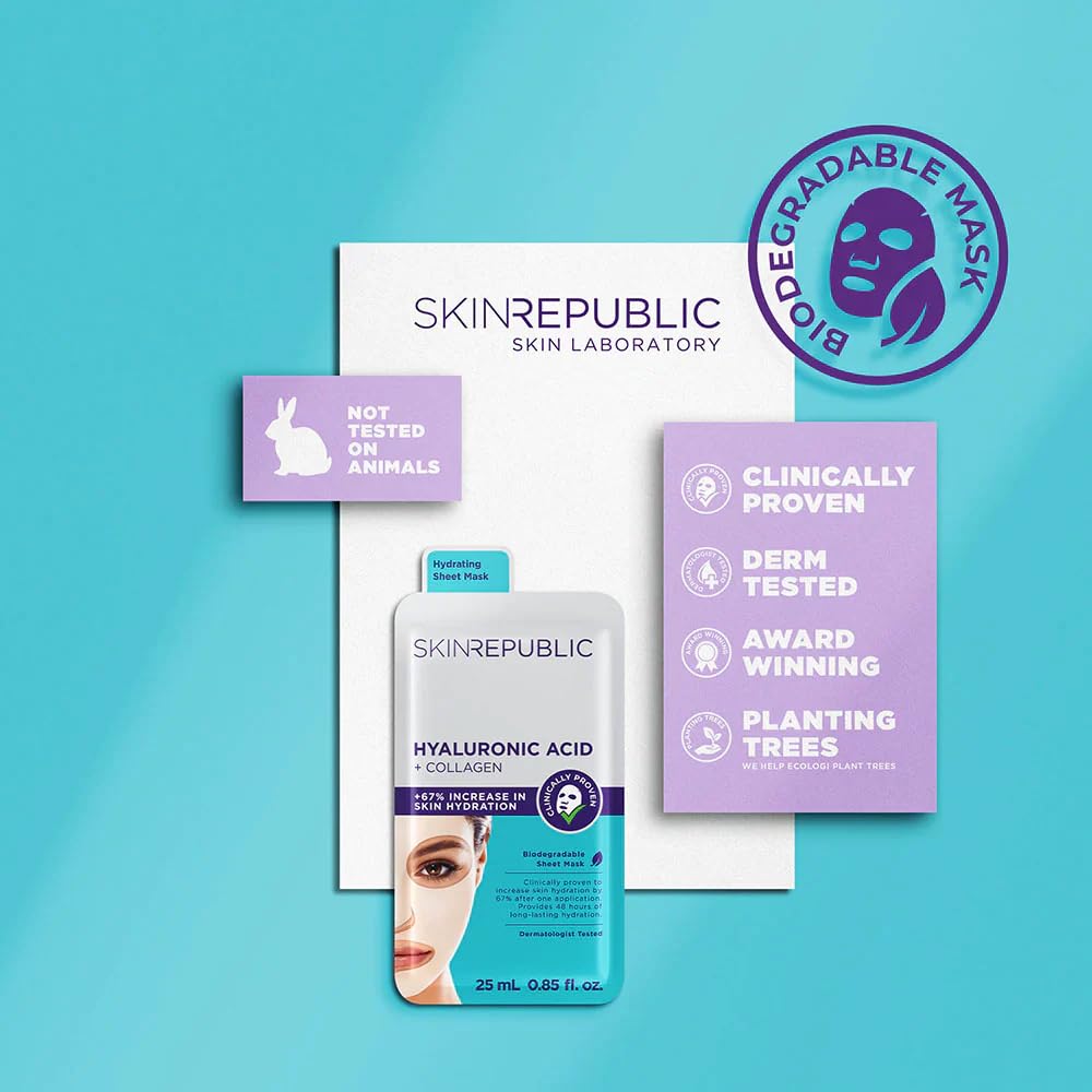 Skin Republic Hyaluronic Acid + Collagen Sheet Mask Clinically Proven to Provide 48-Hours of Long-Lasting Hydration. Made in Korea. (Pack of 3)