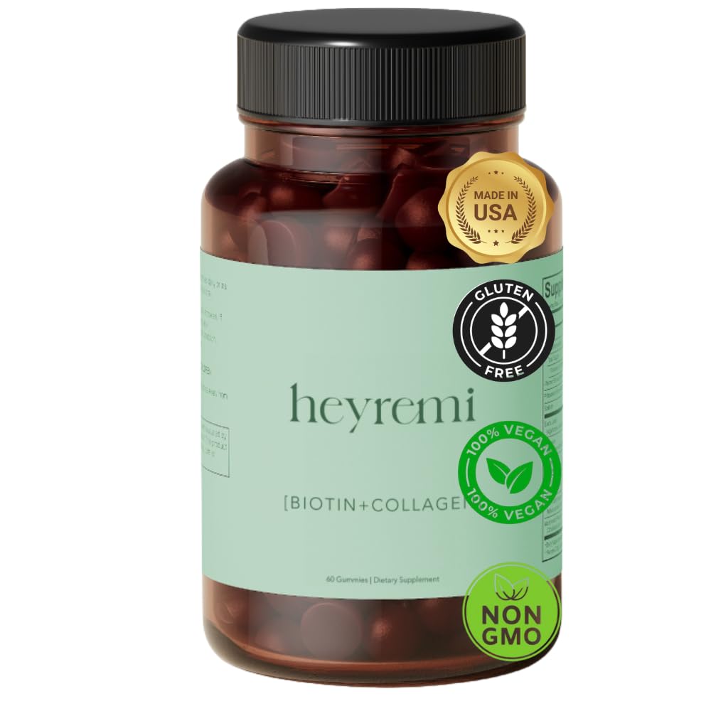 heyremi Advanced Biotin + Collagen Gummies – Supports Hair Growth, Skin Elasticity and Nail Strength – Natural Berry Flavor – Non-GMO, Gluten-Free, 60 Rapid Release Gummies