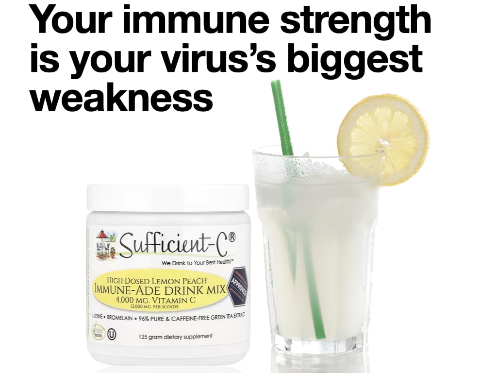 Sufficient-C High Dose Vitamin C Lemon Peach Immune-Ade Drink Mix - 125 gram Three (3) Pack