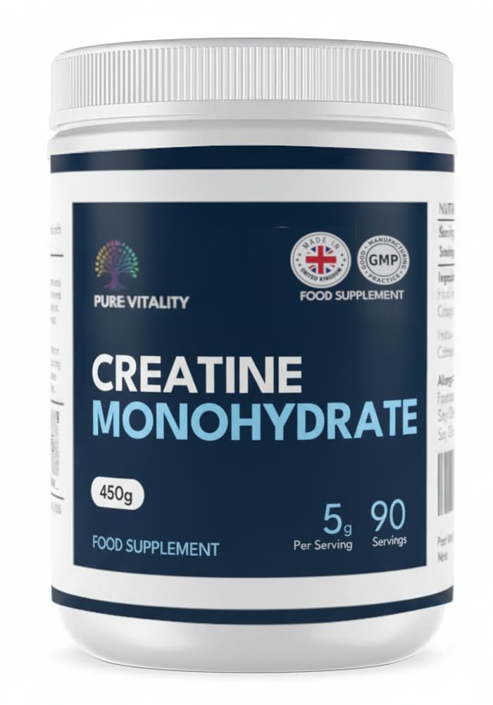 Pure Vitality | Creatine Monohydrate Powder - 450g - Easy Dissolve Creatine Powder, Unflavoured & Micronised | Vegan Creatine for Women and Men | Made in THE UK | Scoop Included