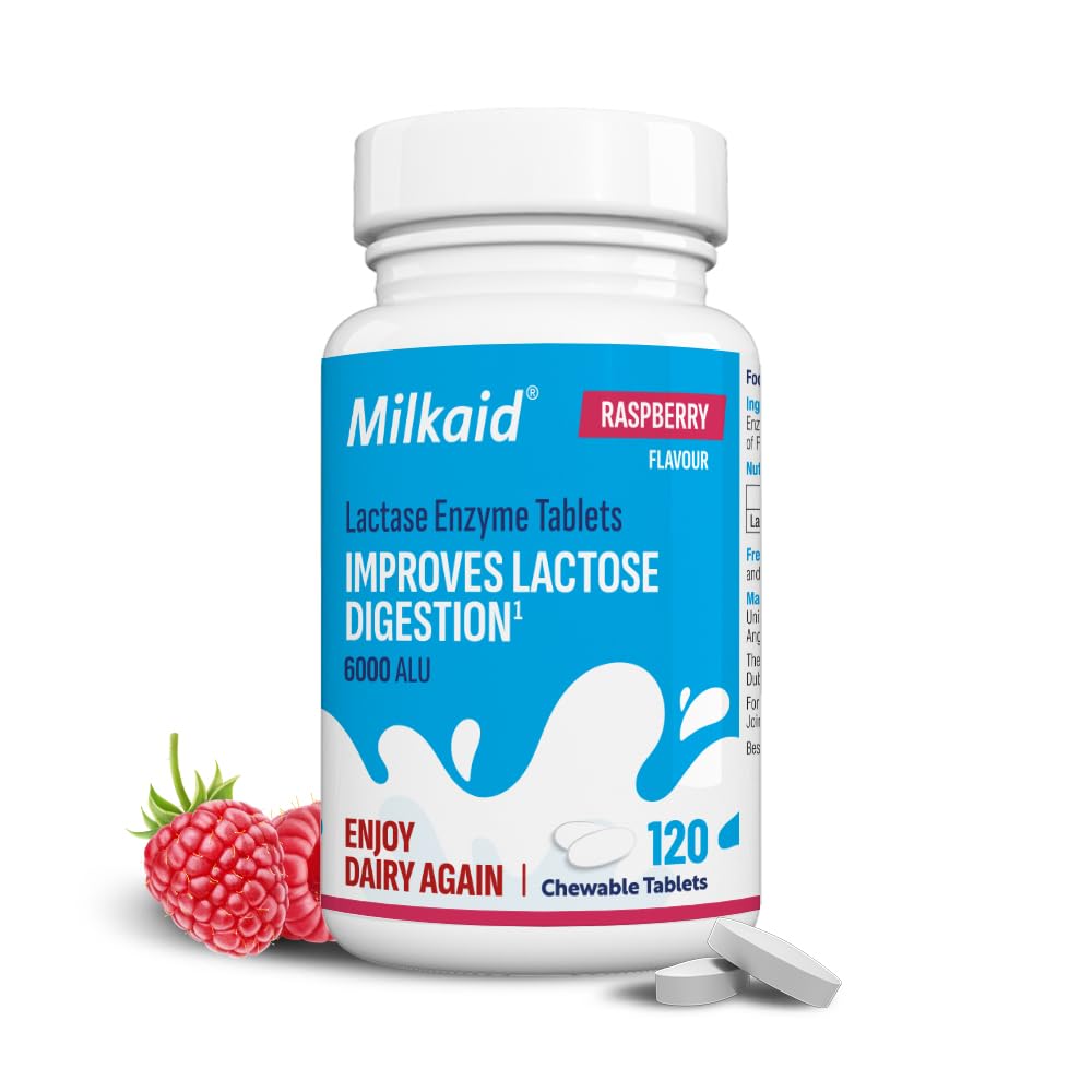 Milkaid Lactase Enzyme Chewable Tablets for Lactose Intolerance Relief | Prevents Gas, Bloating & Diarrhea | Fast Acting Dairy Digestive Supplement (120 Tablets, Raspberry)