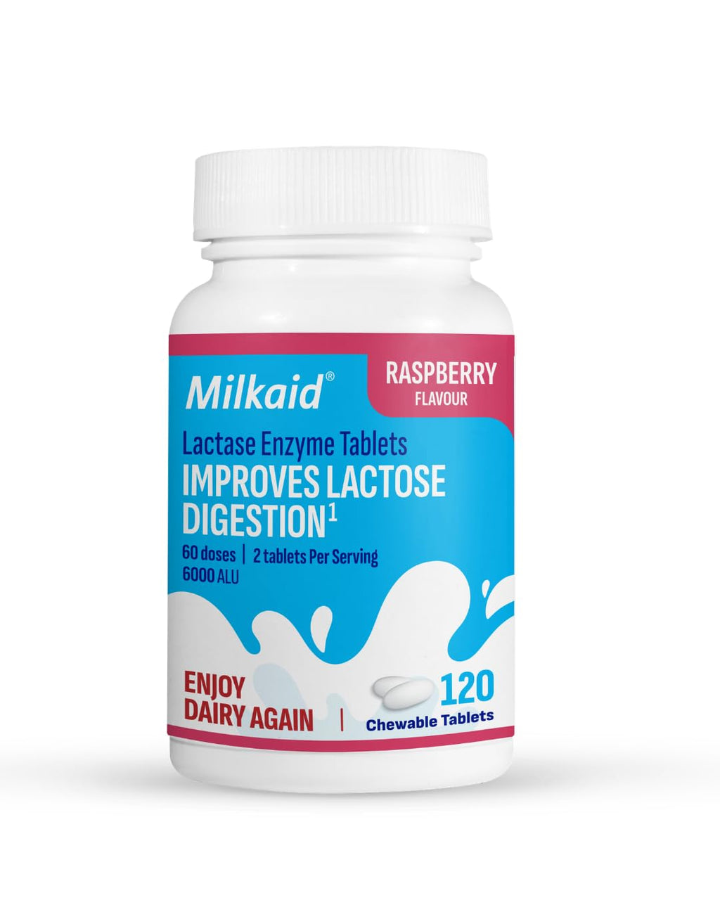 Milkaid Lactase Enzyme Chewable Tablets for Lactose Intolerance Relief | Prevents Gas, Bloating & Diarrhea | Fast Acting Dairy Digestive Supplement (120 Tablets, Raspberry)