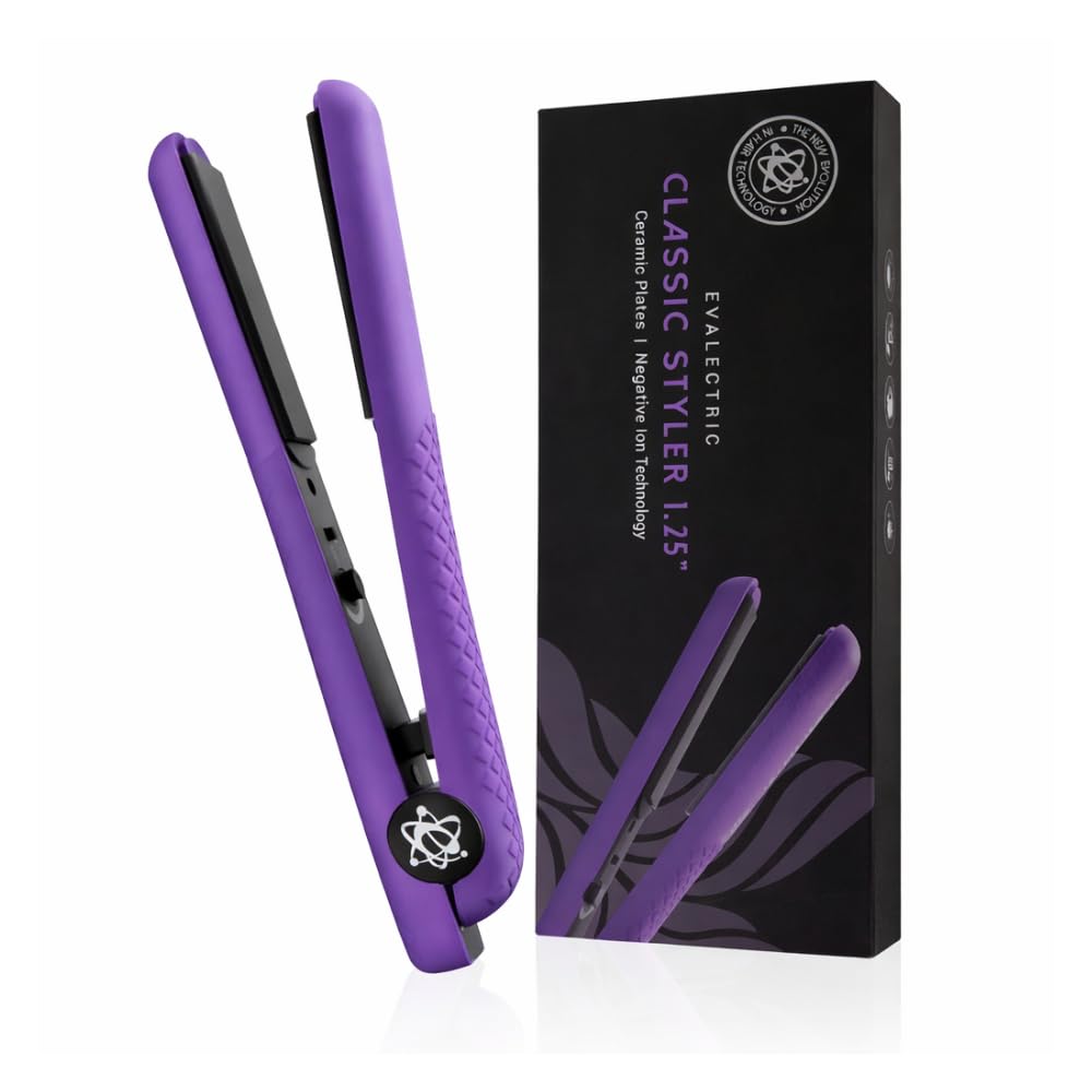 Evalectric Classic Styler Ceramic Flat Iron - 1.25" Ceramic Flat Iron with Floating Plates - Dual Voltage Hair Straightener - Negative Ion Technology - Travel Friendly - Deep Purple