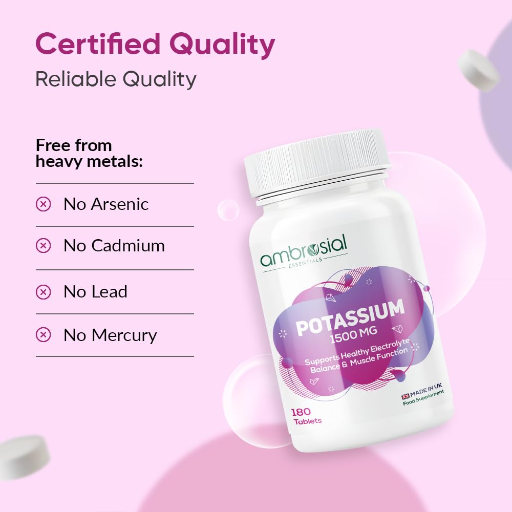Ambrosial Potassium Chloride 1500 mg – High Strength Potassium Supplement – 778 mg Elemental Potassium – Daily Mineral Support for Muscle, Nerve & Balance – UK Made, GMP Certified – 180 Tablets