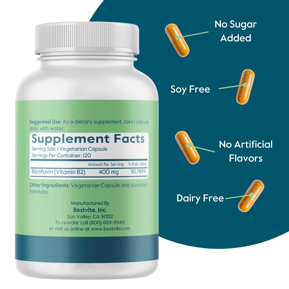 BESTVITE Vitamin B-2 (Riboflavin) 400mg (240 Vegetarian Capsules) (120 x 2) - High Potency – Energy, Skin & Cellular Health – Healthy Nervous System Support – Vegan – Gluten Free - No Stearates