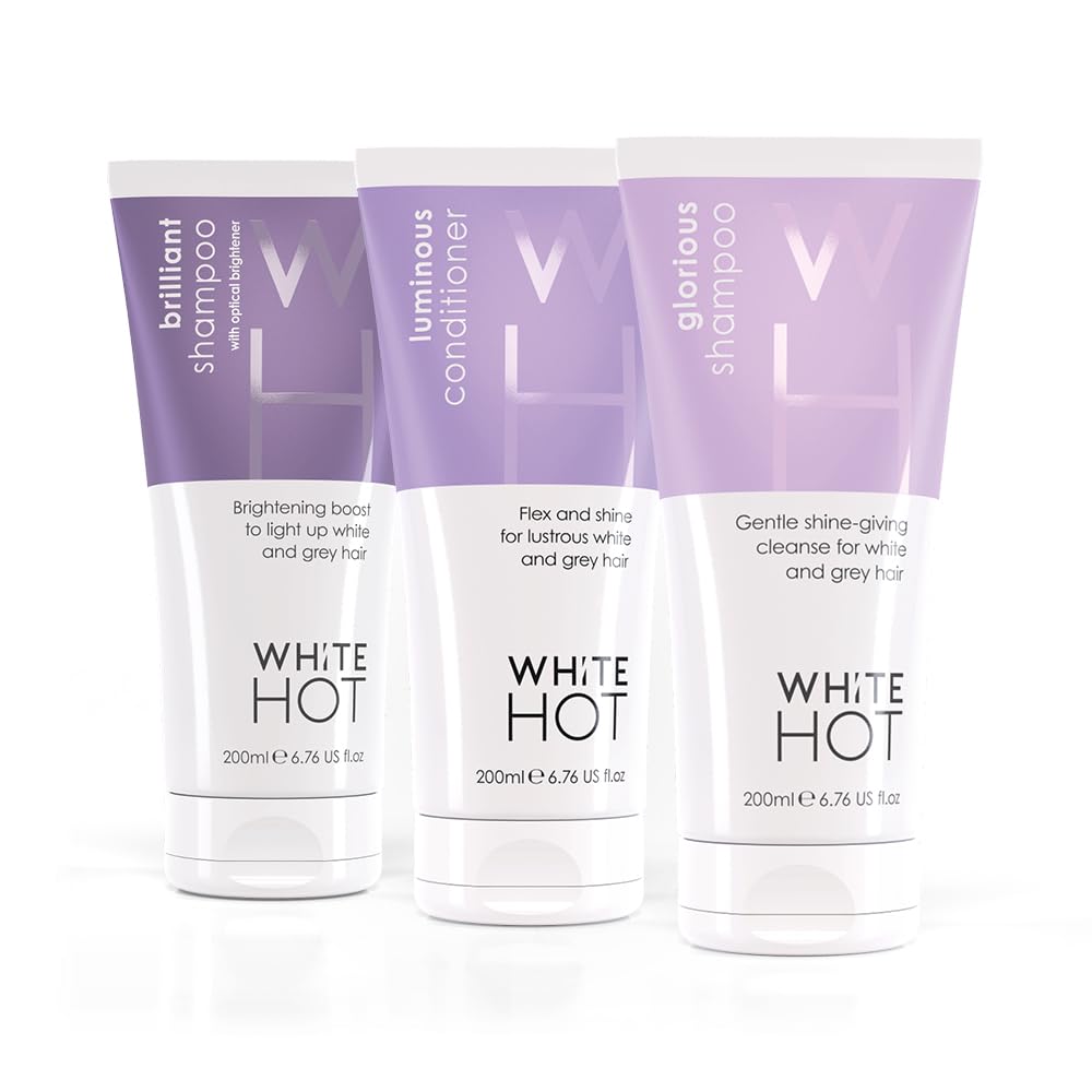 White Hot Cleanse & Condition Trio: brightening hair care regime to cleanse & add gloss to white & grey hair, purple shampoo