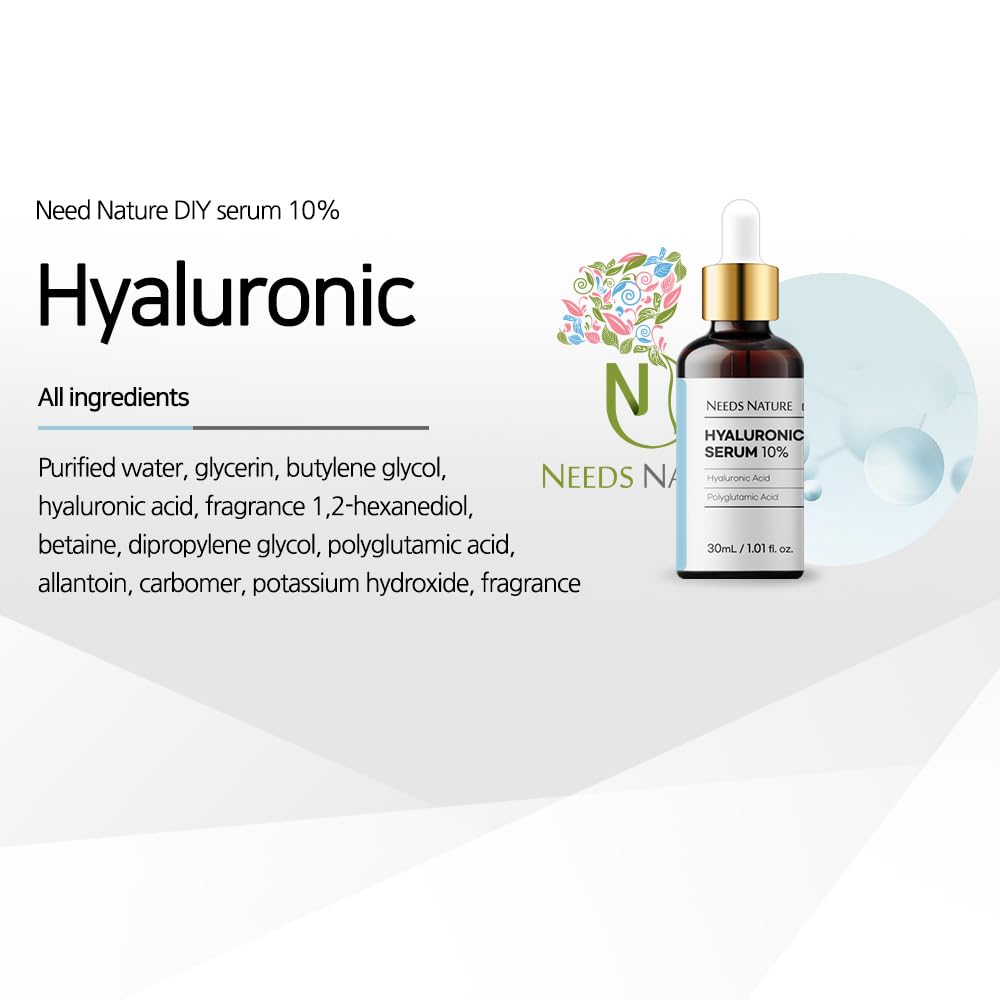 Hyaluronic Acid 10% Facial Serum – NEEDS NATURE DIY Booster with Polyglutamic Acid & Allantoin | Deep Hydration & Barrier Repair | Korean Skincare for Dry & Sensitive Skin | 30ml