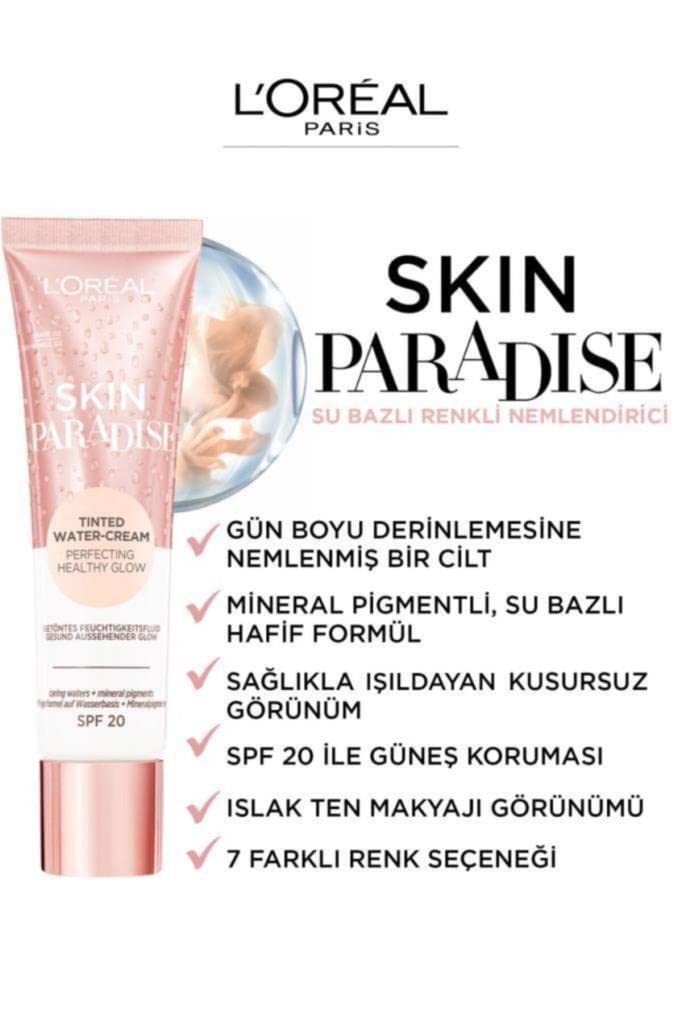 L'Oreal Paris Skin Paradise Tinted Moisturiser, Up to 24h hydration, SPF20, 02 Fair, 0.039 kg