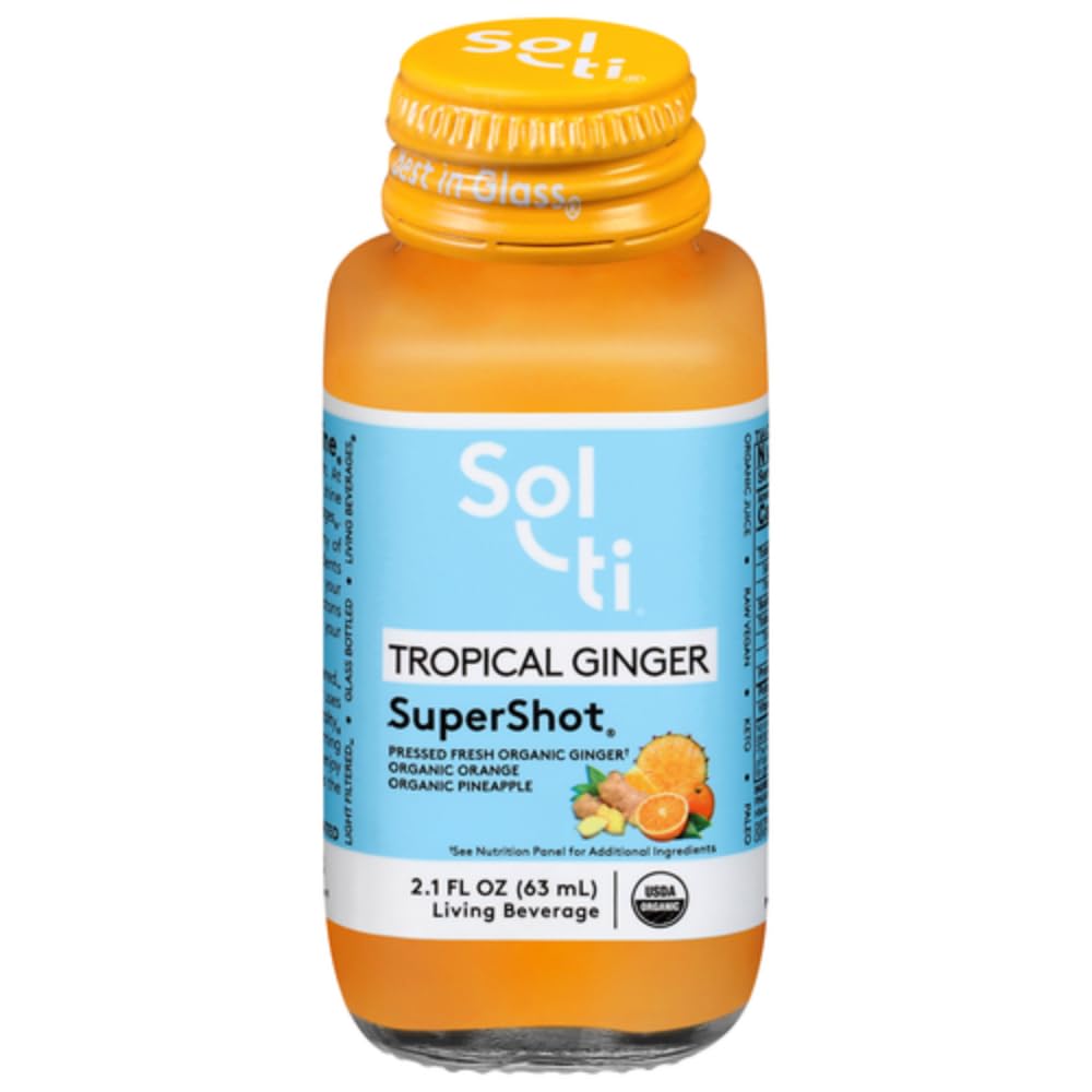 Sol-ti Organic Tropical Ginger SuperShot Drink, Aids in Collagen Production and Promotes Skin Elasticity, SuperFood, Cold-Pressed Fruit Juice Blend, 12 Pack (2.1 Fl oz)